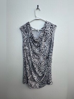 EUC CAbi Lana Drape Neck Sleeveless Animal Print Top - Black & Cream - Size L